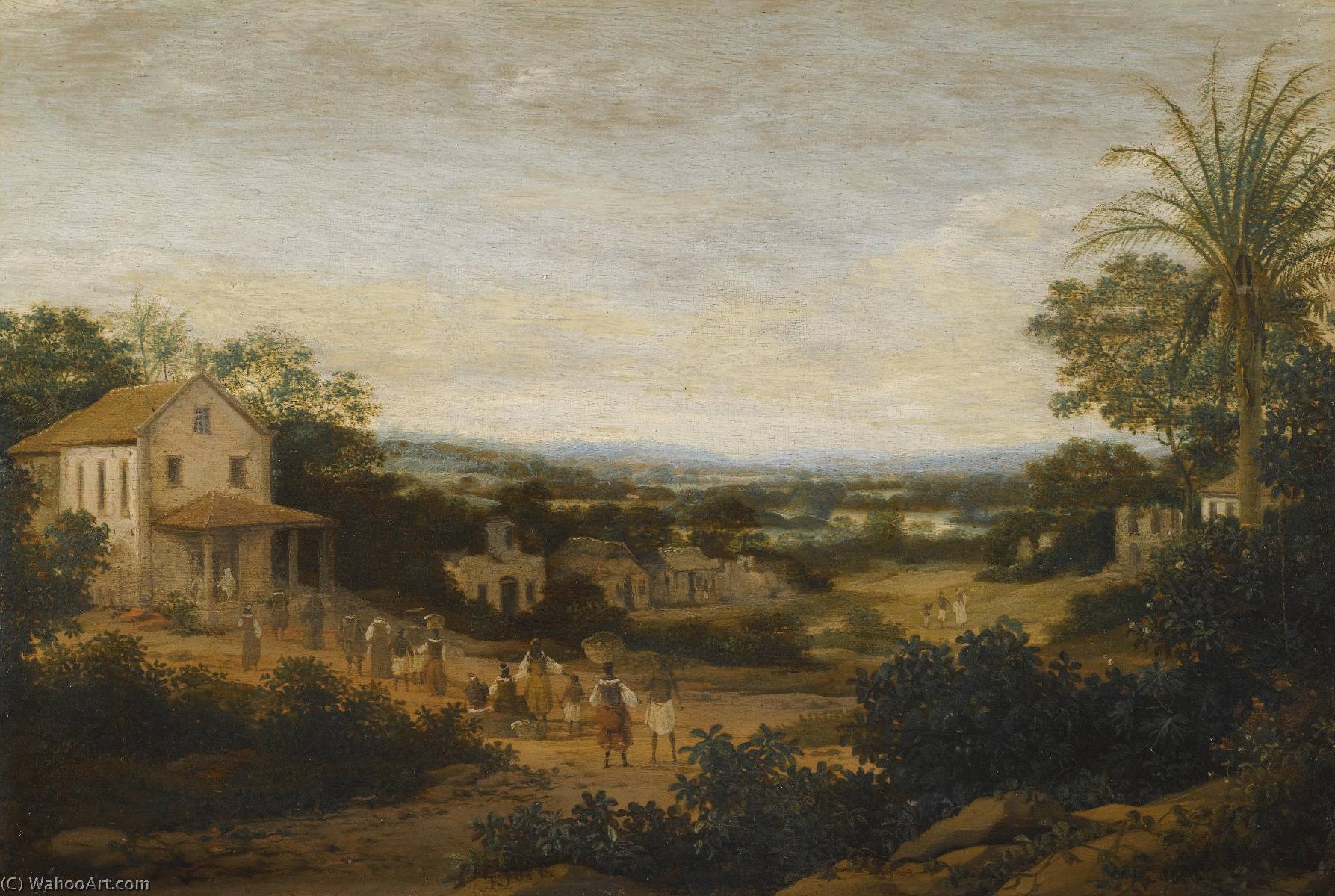 A Landscape In Brazil Looking Down On The Varzea, Europeans And Natives Approaching A Church In The Foreground — Frans Jansz Post