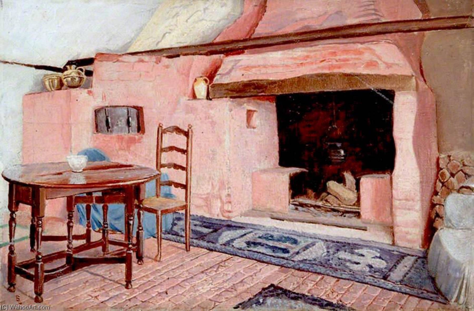 Interior Of Room In A Cottage At Chaldon, Surrey, With Fireplace — Ernest C. Christie