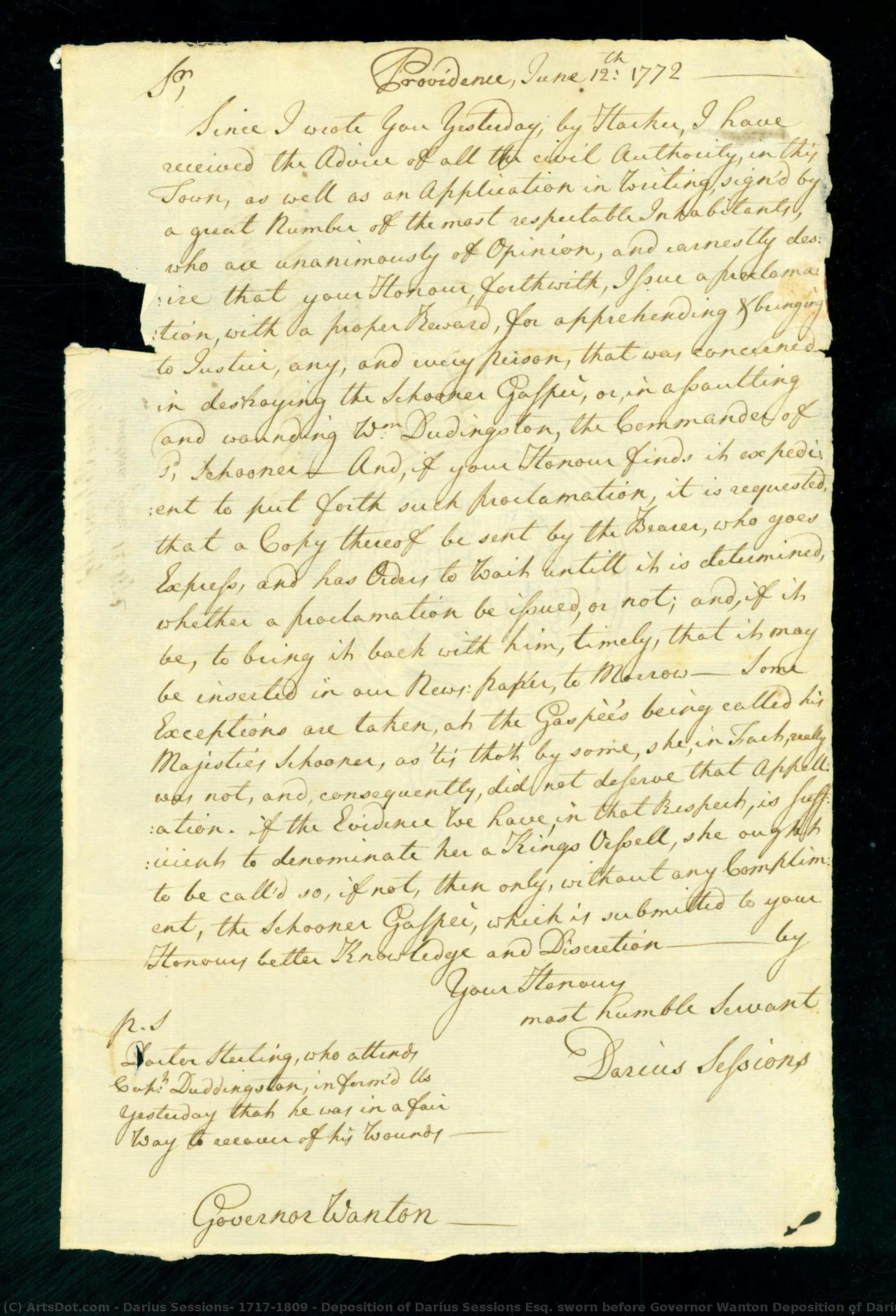 Deposition Of Darius Sessions Esq. Sworn Before Governor Wanton Deposition Of Darius Sessions Esq. Sworn Before Governor Wanton — Darius Sessions, 1717-1809