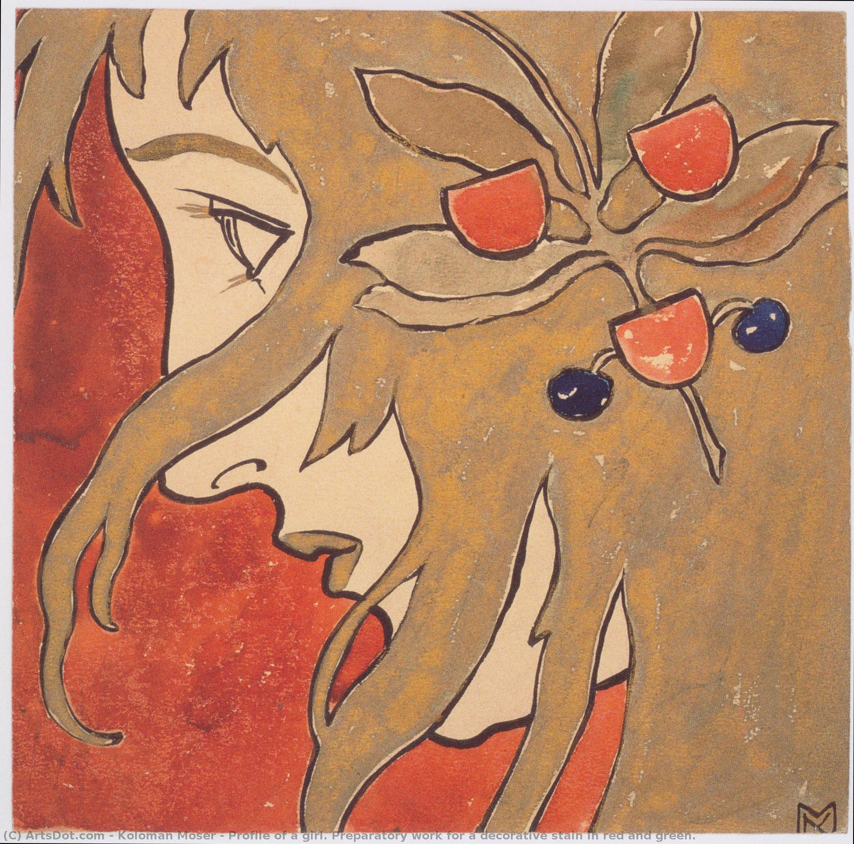 Profile Of A Girl. Preparatory Work For A Decorative Stain In Red And Green. — Koloman Moser