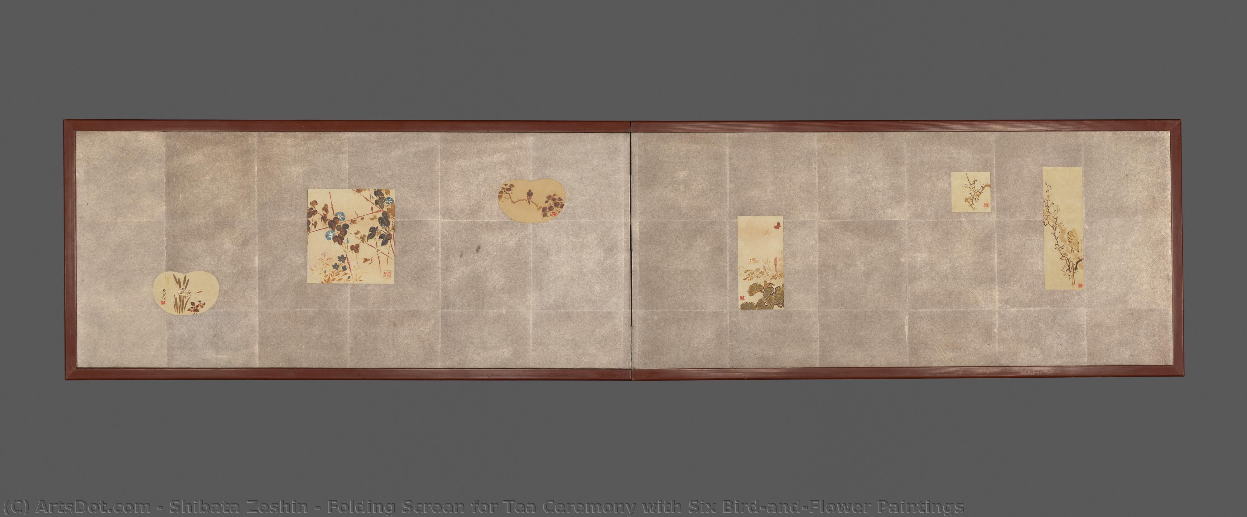 Folding Screen For Tea Ceremony With Six Bird-and-flower Paintings — Shibata Zeshin