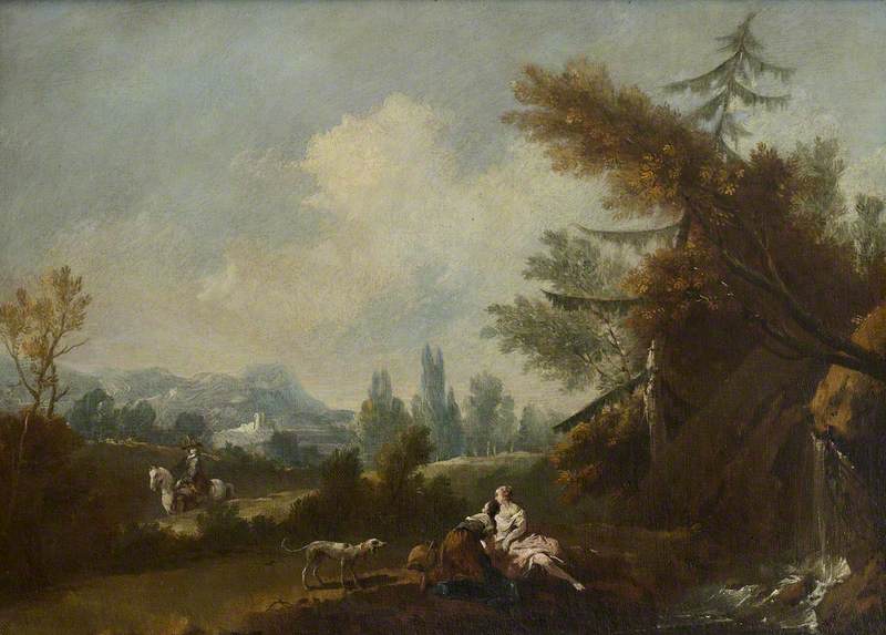 Hilly Landscape, With Two Country Women And A Dog By A Small Waterfall And A Rider On A Road — Giuseppe Zais