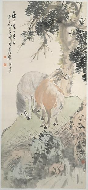 近代 倪田 雙馬圖 軸 Two Horses — Ni Tian