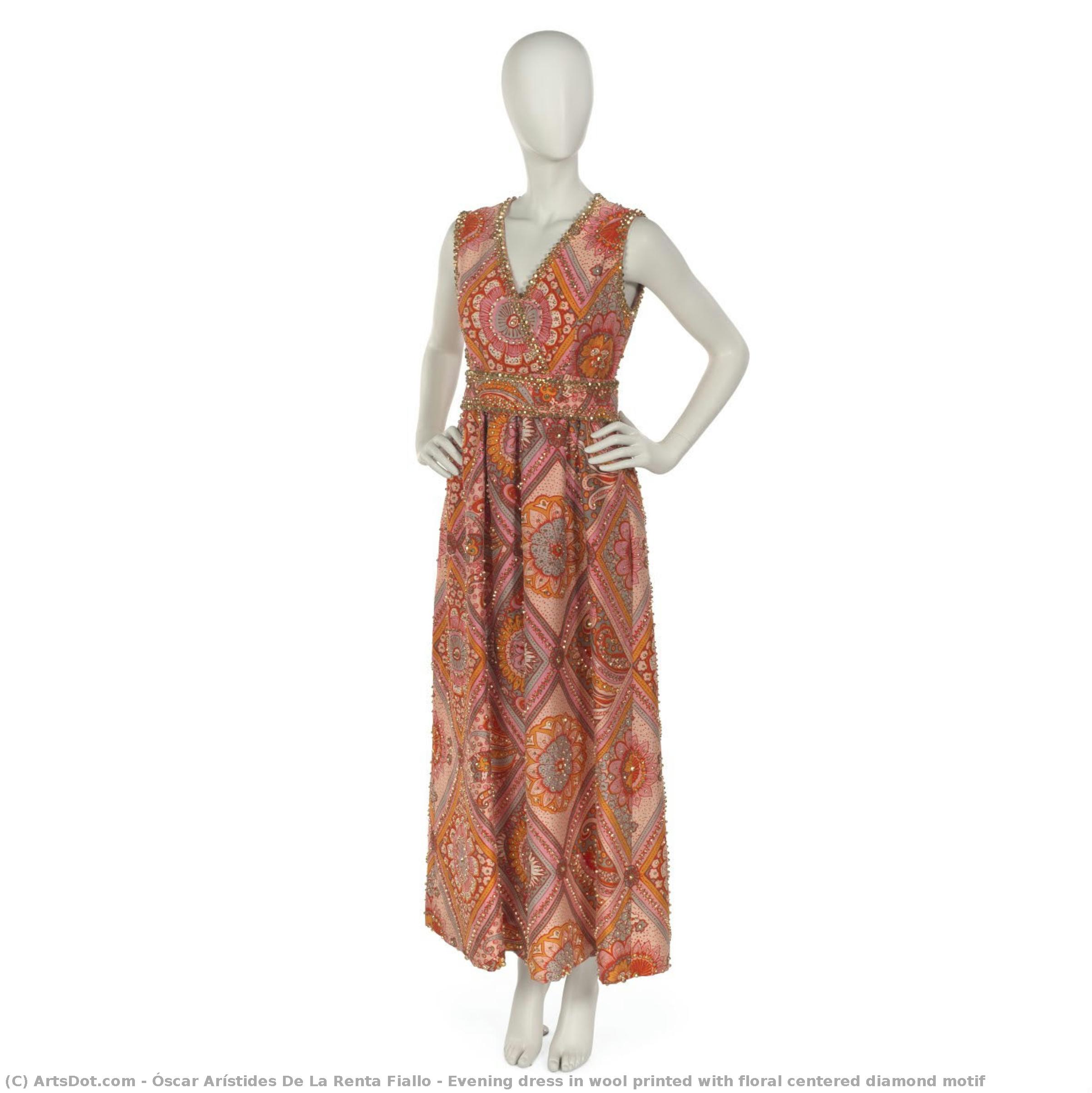 Evening Dress In Wool Printed With Floral Centered Diamond Motif — Viriato Fiallo