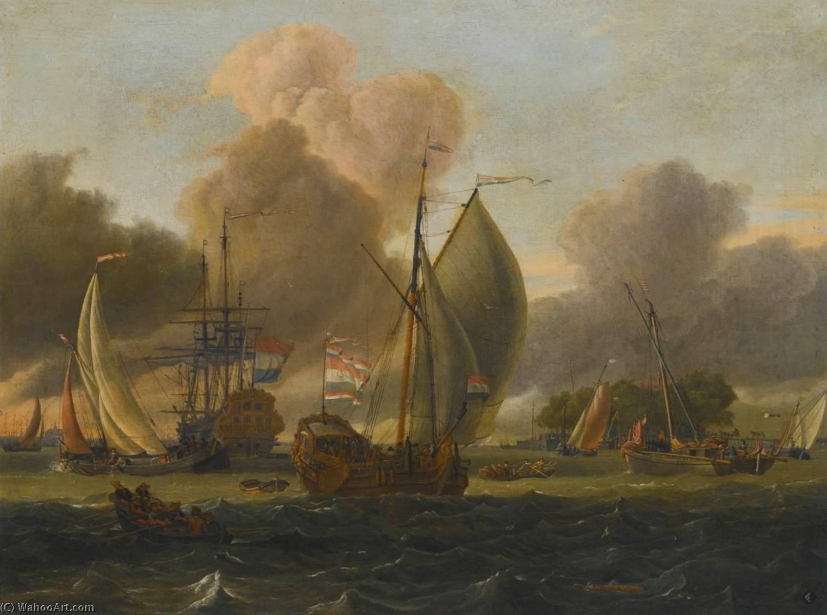 Dutch Man 'o War, States Yacht And Other Ships In A Fresh Breeze — Abraham Storck (sturckenburch)