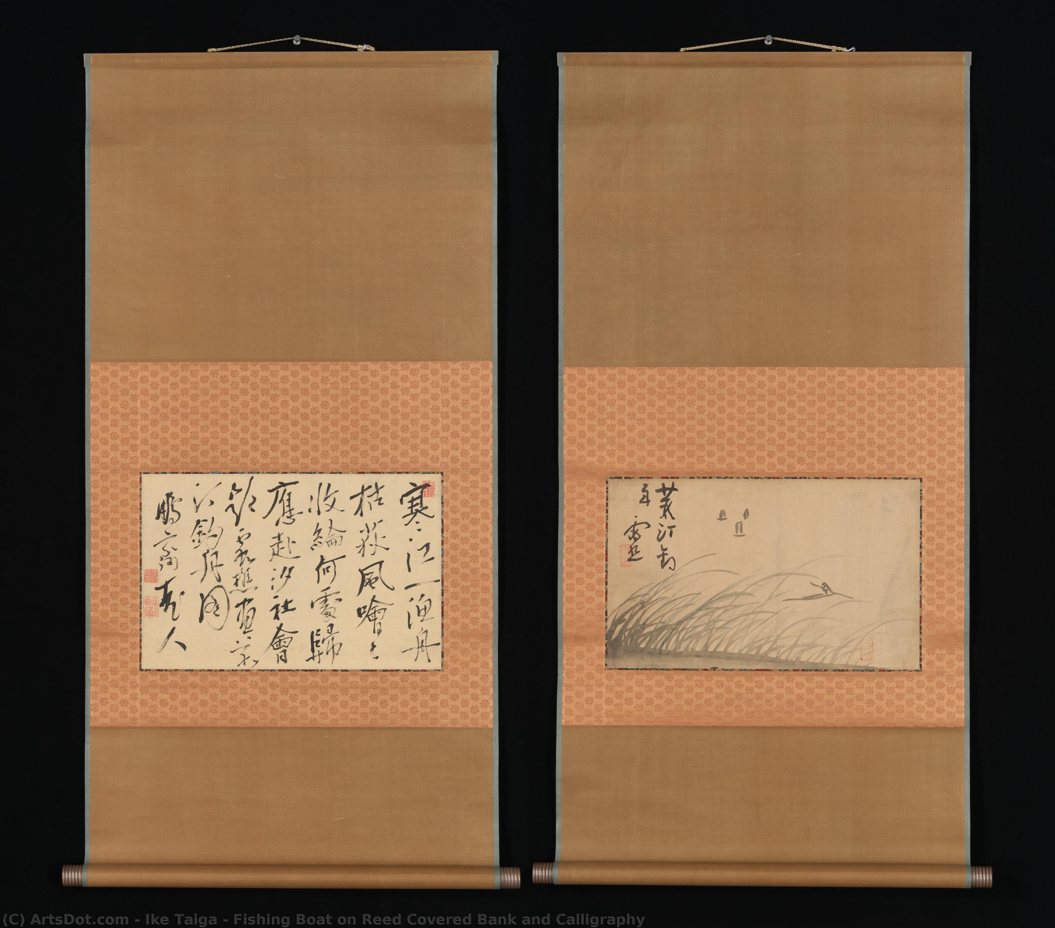 Fishing Boat On Reed Covered Bank And Calligraphy — Ike Taiga