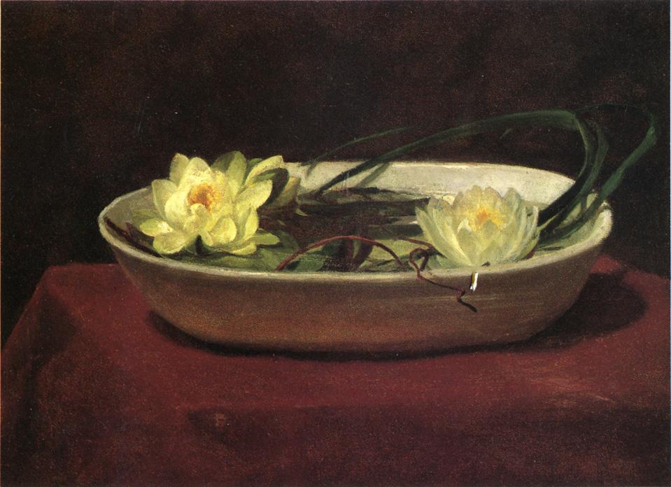 Water-lilies In A White Bowl - With Red Table Cover — John La Farge