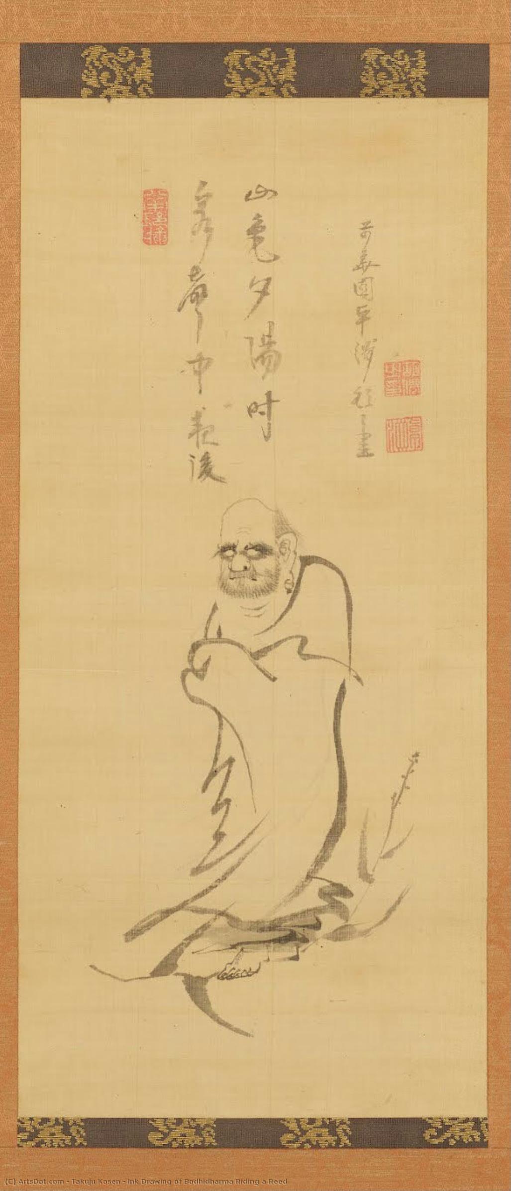 Ink Drawing Of Bodhidharma Riding A Reed — Takuju Kosen