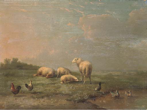 Sheep And Chickens By A Pond — Franz Van Severdonck