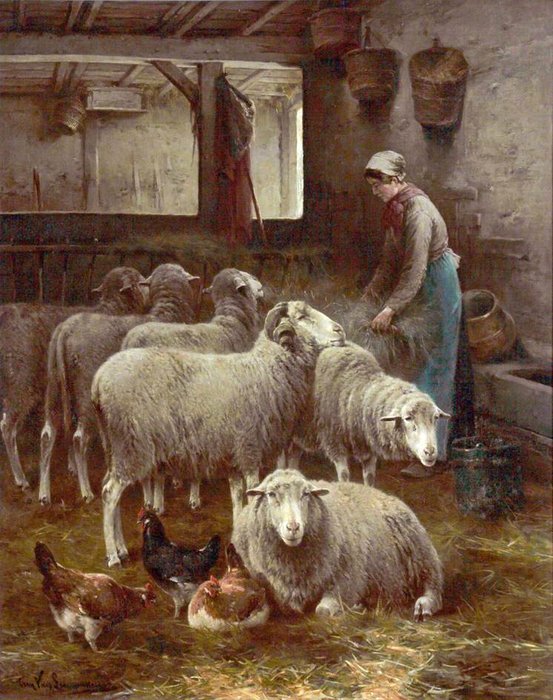 Woman With Sheep In A Barn — Cornelis Van Leemputten
