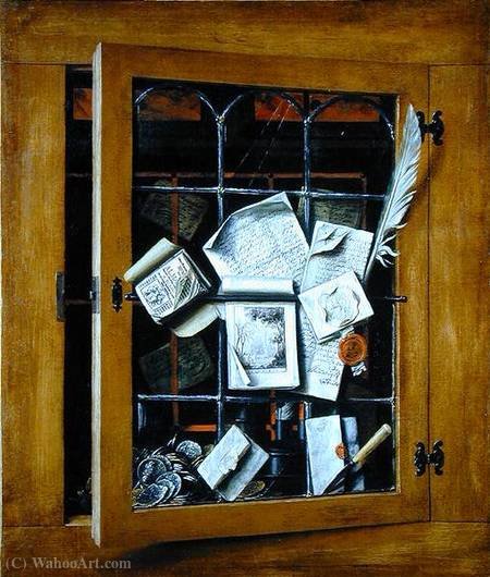 A Trompe L'oeil Of An Open Glazed Cupboard Door, With Numerous Papers And Objects — Cornelis Norbertus Gysbrechts