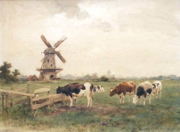 Landscape With Grazing Cows — Adrianus Johannes Groenewegen