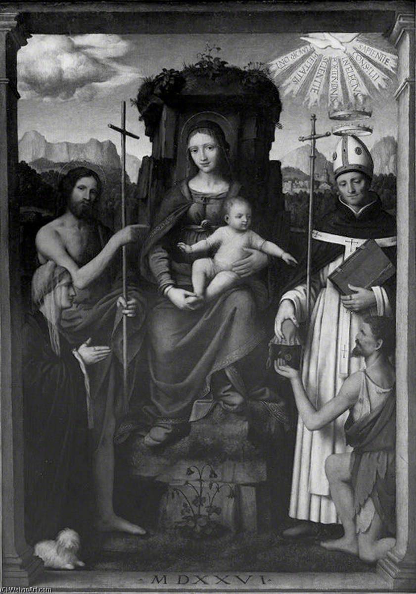 Virgin And Child Enthroned With Saint John The Baptist, Saint Antoninus, A Female Donor And A Beggar — Bernardino Luini