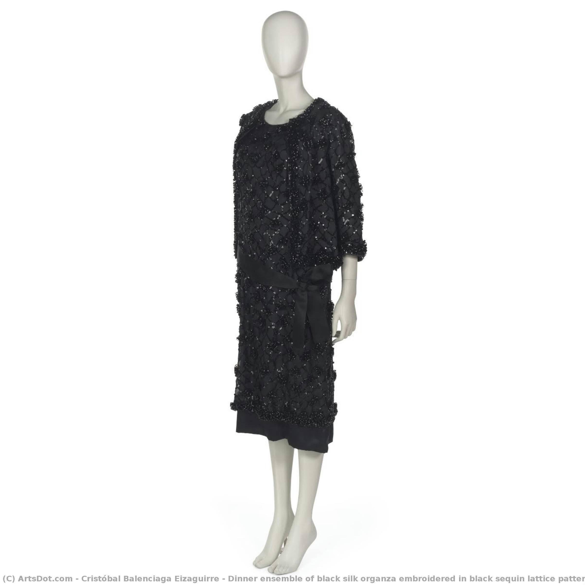 Dinner Ensemble Of Black Silk Organza Embroidered In Black Sequin Lattice Pattern — Kristobal Balensiga Ejzagire