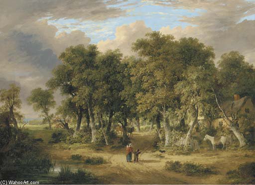 A Wooded Landscape With Figures On A Track, A Cottage Beyond — James Stark