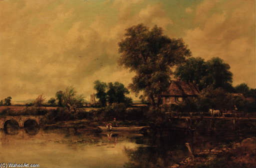 An Extensive Wooded River Landscape With Figures In A Punt And A Horse And Cart On A Bridge — Фредерик Уортс