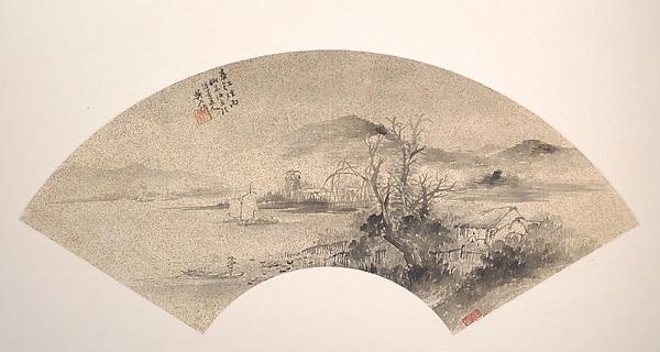 近代 吳石僊 春江煙雨 扇面 Misty Rain On The River In Spring — Wu Shixian