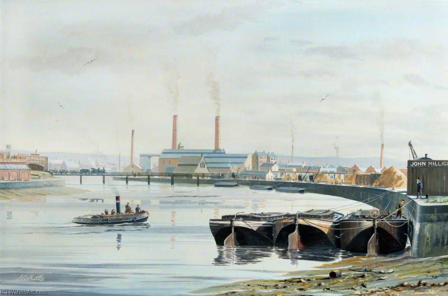 John Milligan And The Sirocco Works With A Boat In The Harbour — Norman Whitla