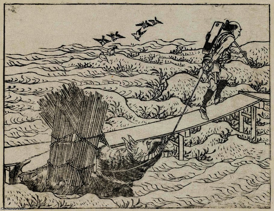 A Farmer On A Bridge Leading A Bullock Through Water — Katsushika Hokusai