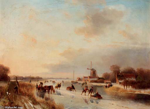 Numerous Skaters On A Frozen Waterway — Nicolaas Johannes Roosenboom
