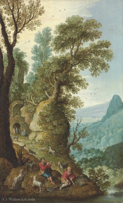 A Mountainous Landscape With Goatherds In The Foreground, And A Grotto Beyond — Maerten Ryckaert