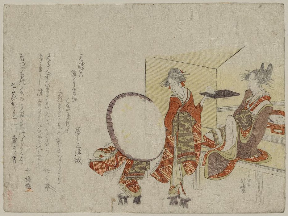 Presentando Un Conejo Nevado Sobre Una Bandeja Frente A Una Tienda De Té — Katsushika Hokusai