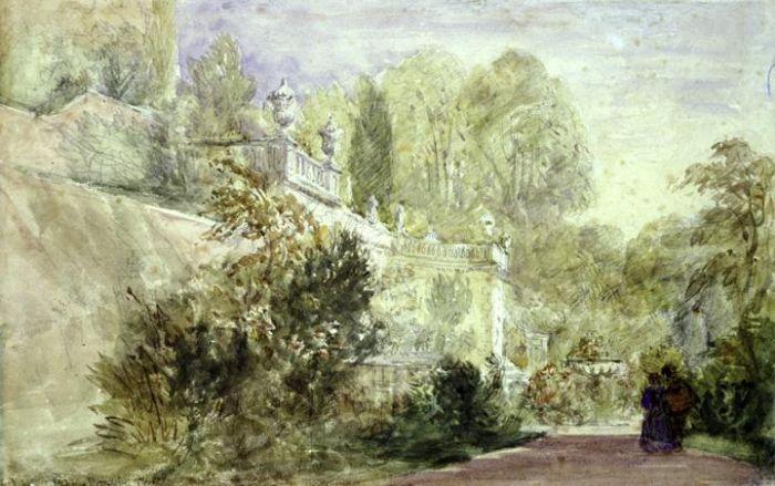 Sketch Of The Terrace In Garden Of Powis Castle — David Cox