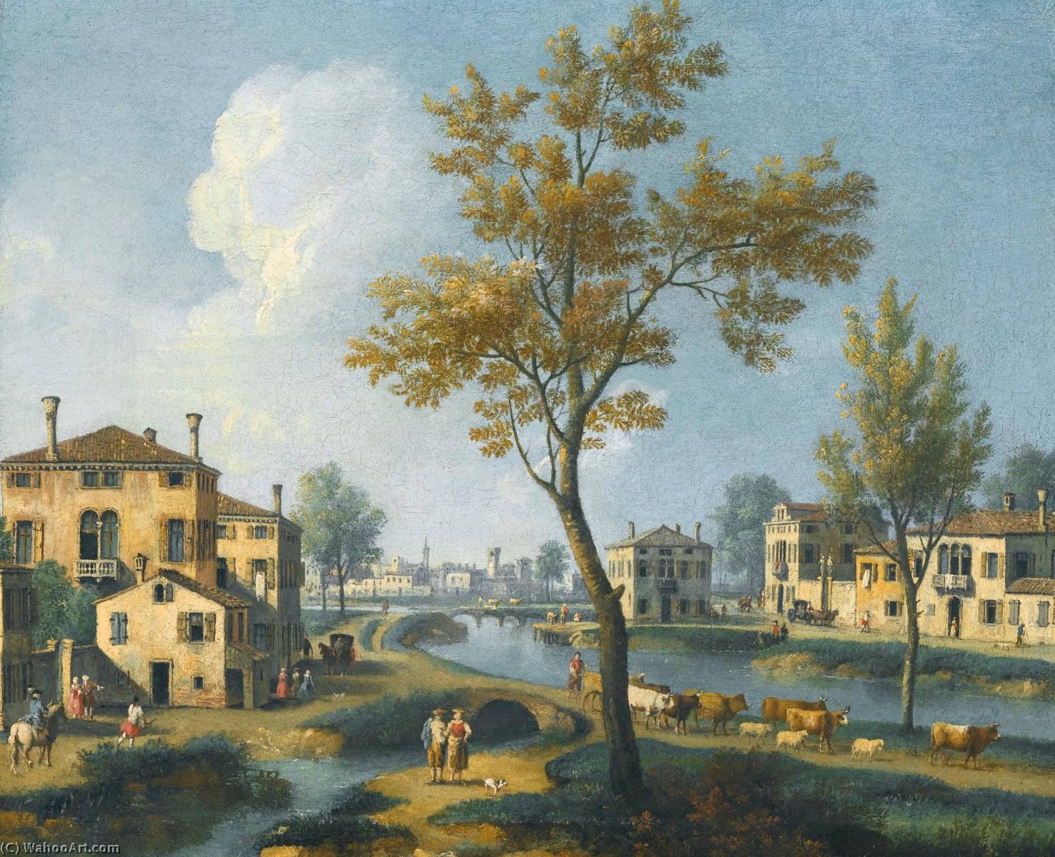 A Landscape At The Outskirts Of A Town With A Peasant Driving His Cattle Along A River Bank — Giovanni Battista Cimaroli