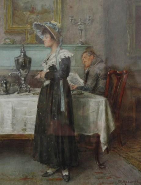 Lady Standing Beside A Table Near A Man Reading A Paper — George Goodwin Kilburne