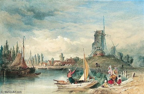 Figures By A River Near A Dutch Town — Thomas Sewell Robins