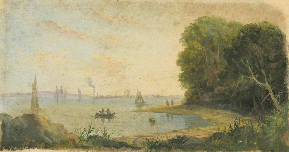 A River Scene With A Rowing Boat And Sails On The Horizon — Arthur Wellington Fowles
