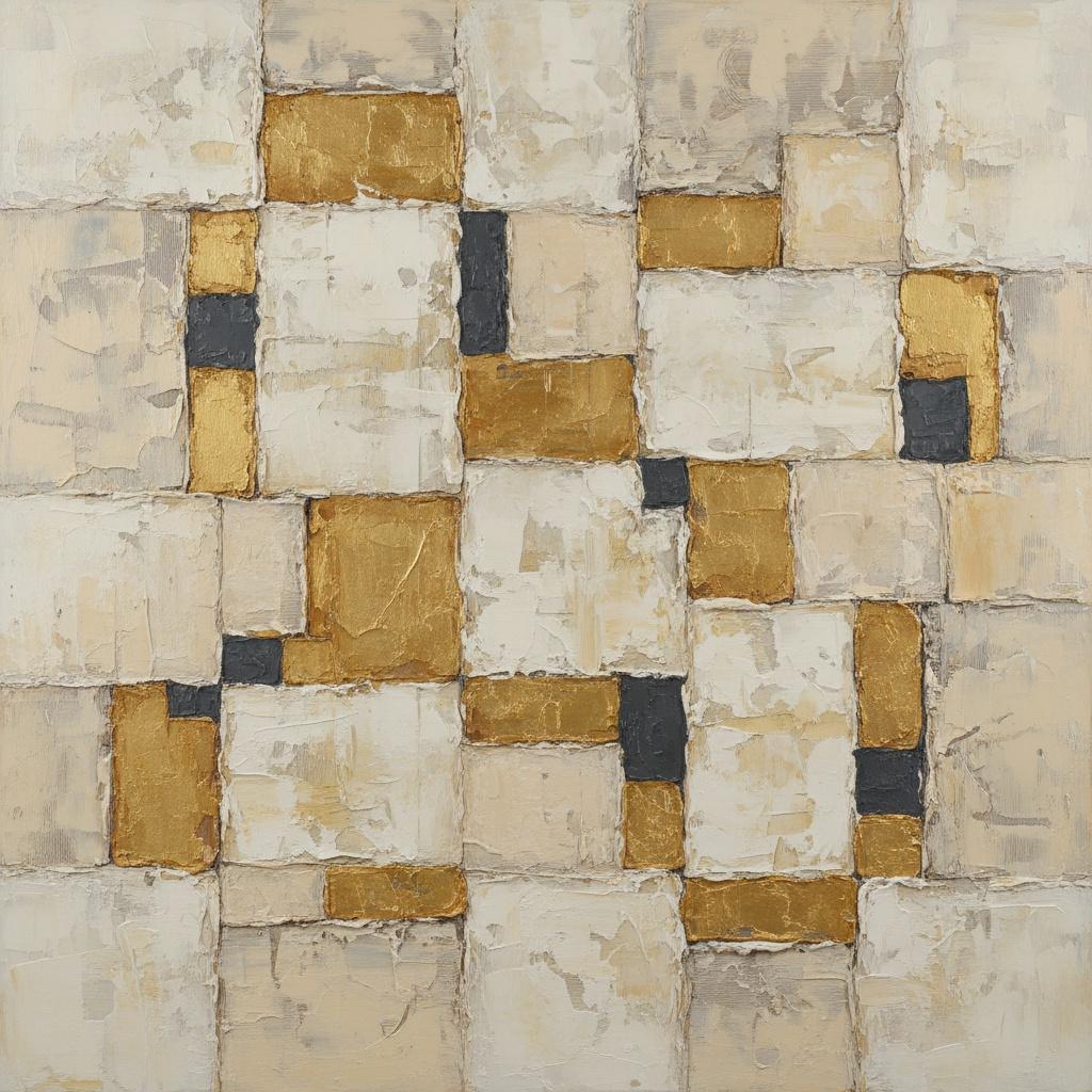 Goldene Fragmente Der Erinnerung In Einem Tektonischen Gitter Aus Gealtertem Creme Und Holzkohle — David Moreau