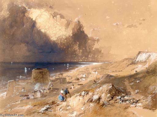 Figures Walking On The Cliffs Above Sandgate, Kent — James Baker Pyne