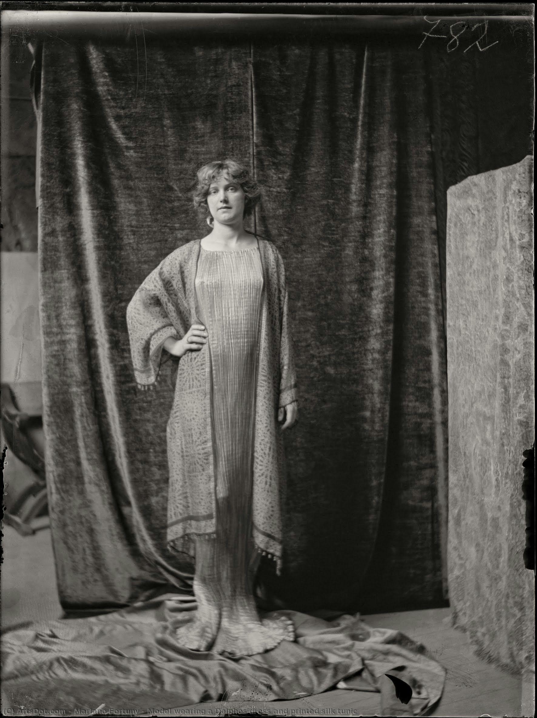 Model Wearing A Delphos Dress And Printed Silk Tunic — Mariano Fortuny