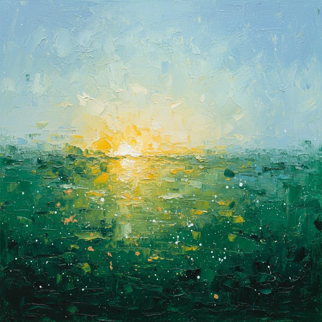 Ethereal Solar Radiance Over Deep Emerald Depths: A Unique Impasto Masterpiece — Christian Noiret