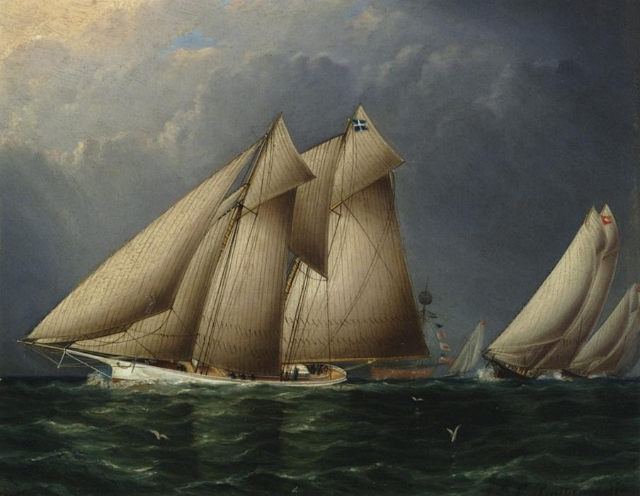 The Schooner Yacht 'fenella' Rounding Sandy Hook Lightship With 'estelle' Following — James Edward Buttersworth
