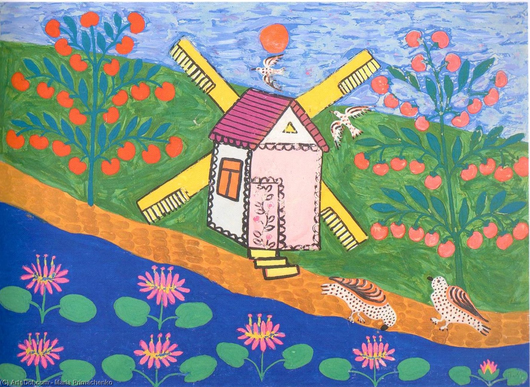 Two Pigeons Drank Water By A Windmill And Ford — Maria Primachenko
