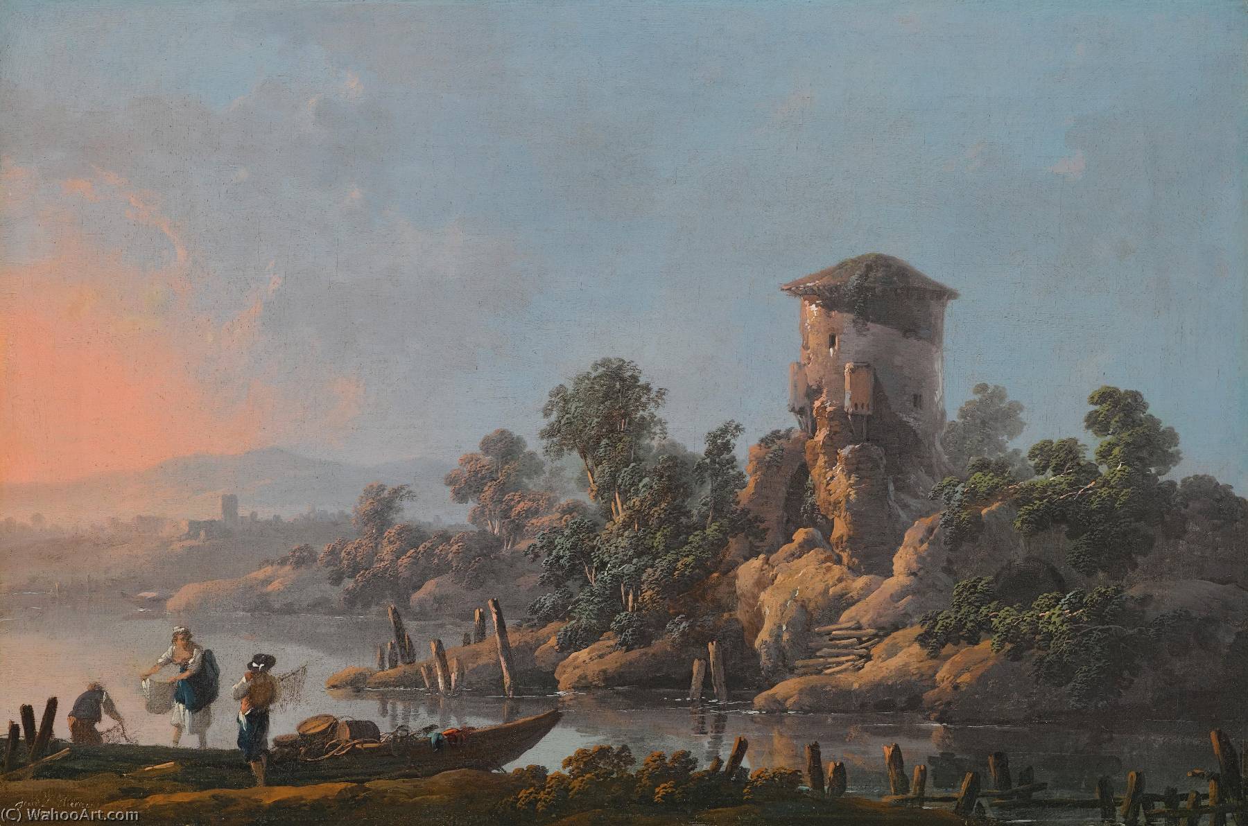 A River Landscape With A Ruined Tower And Fishermen With Their Nets In The Foreground — Jean-baptiste Pillement