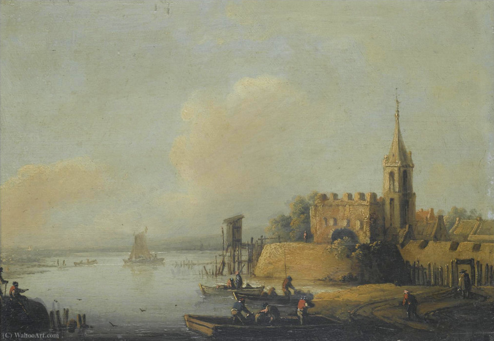 A River Landscape With Fisherman Loading Boats, A Church To The Right — Johann Christian Vollerdt Or Vollaert