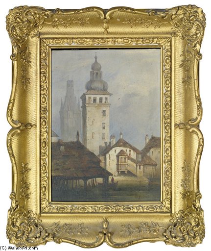 Towers In A German Town With Boats Passing On A River Below — Samuel Prout