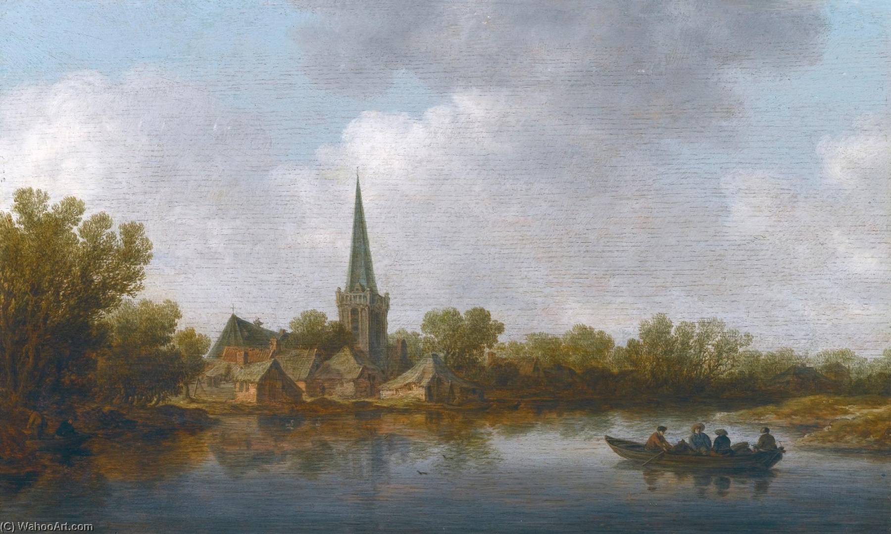 River Landscape With A Village On The Far Shore, And A Rowing Boat With Four Figures — Jan Josefsz Van Goyen