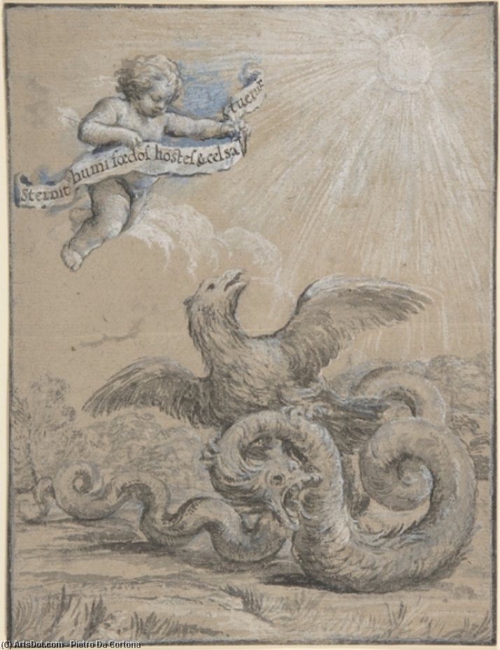 Design With An Eagle Fighting With A Serpent And A Putto In The Sky Holding An Inscribed Banner — Pietro Da Cortona