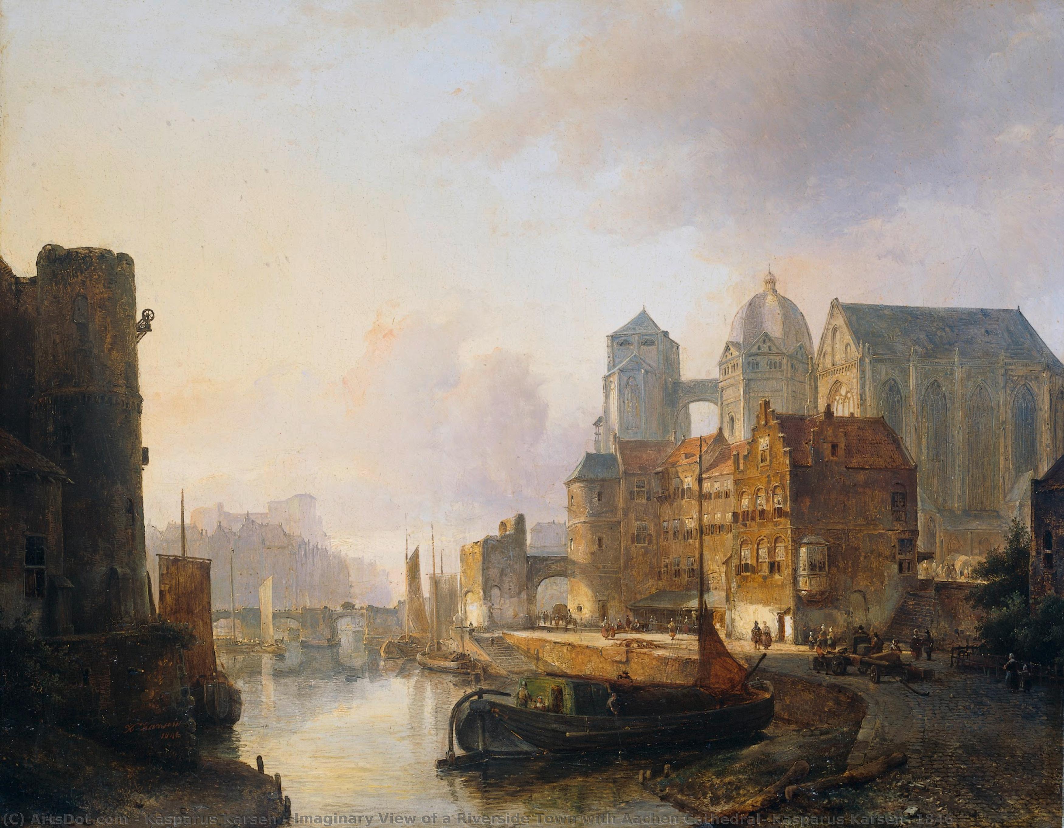 Imaginary View Of A Riverside Town With Aachen Cathedral, Kasparus Karsen, 1846 — Kaspar Karsen