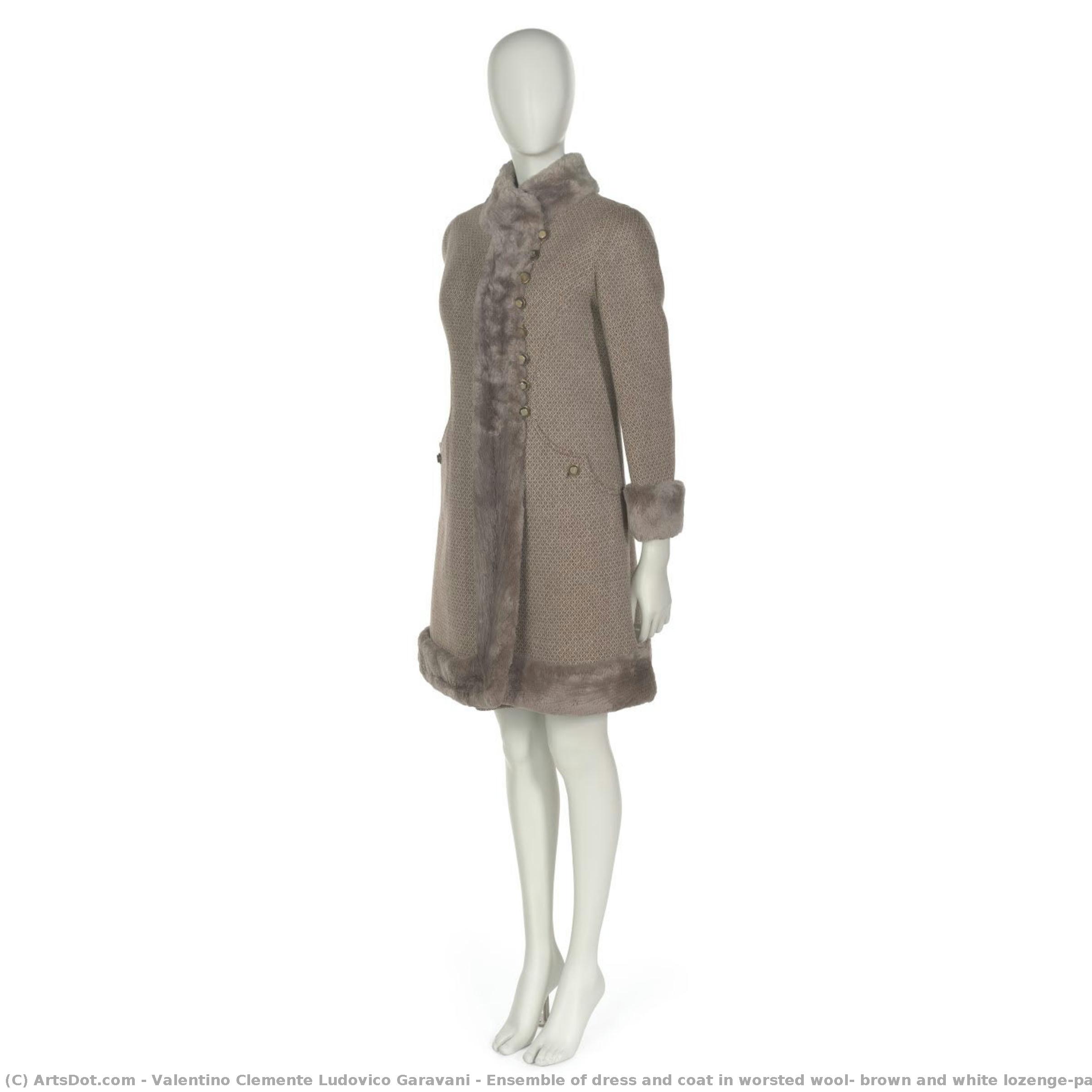 Ensemble Of Dress And Coat In Worsted Wool, Brown And White Lozenge-pattern Dobby Weave And Twill — Valentino Clemente Ludovico Garavani