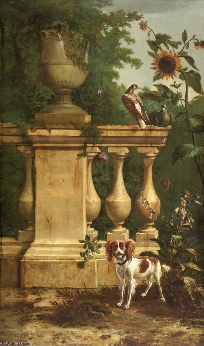 Pigeons And A Dog In A Garden — Melchior De Hondecoetter
