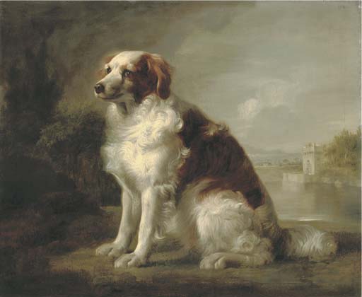 A Red And White Dog, In A Landscape, A Fortified Tower And An Estuary Beyond — George Stubbs