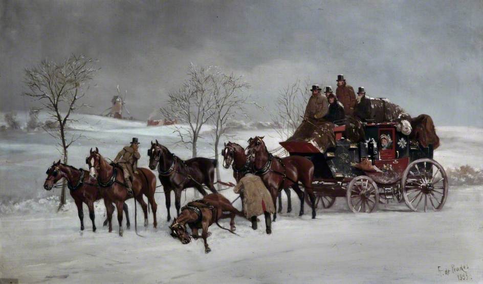 Mail Coach In The Snow With A Fallen Leader — Alfred Frank De Prades