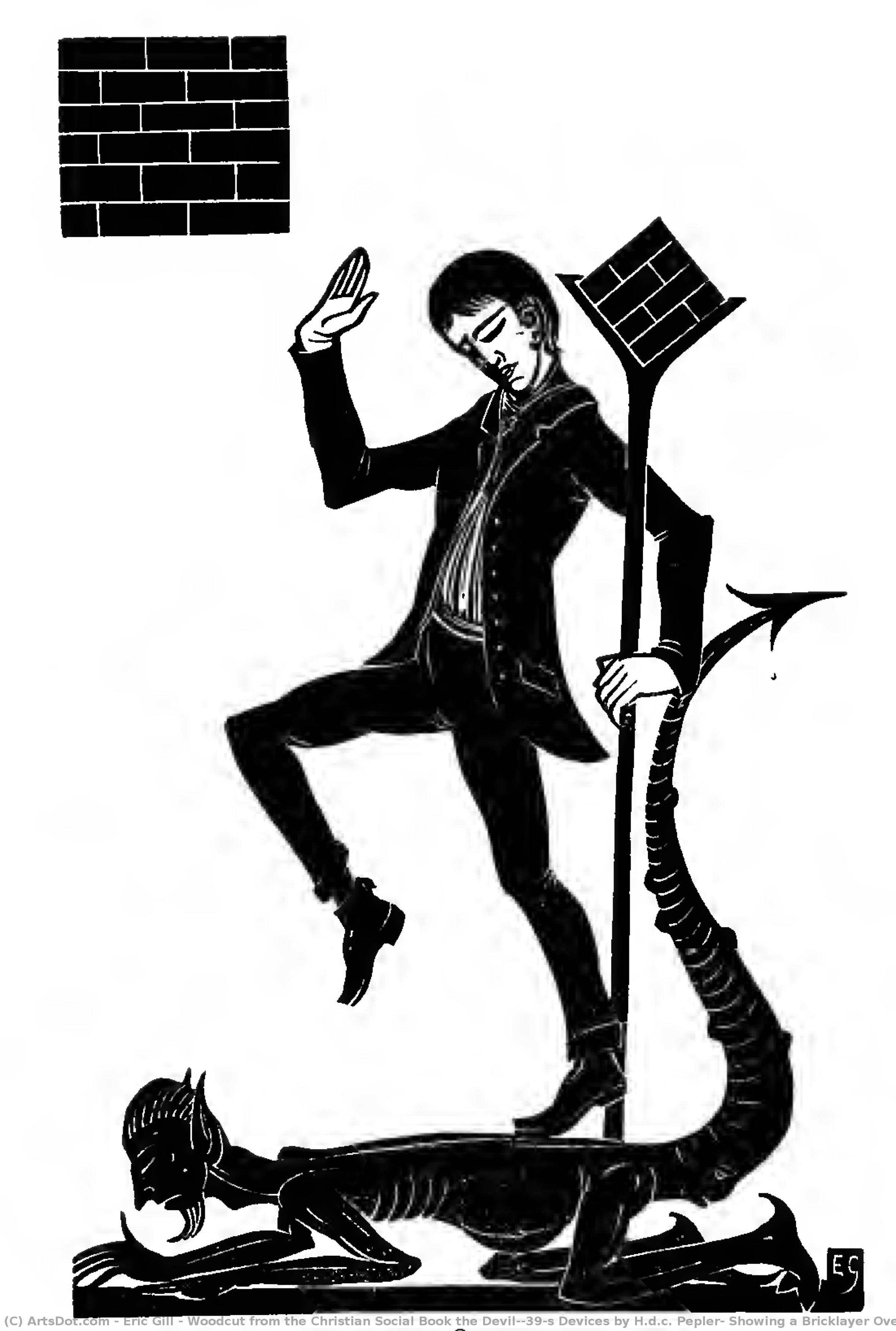 Woodcut From The Christian Social Book The Devil's Devices By H.d.c. Pepler, Showing A Bricklayer Overcoming The Devil Through Honest Work — Eric Gill