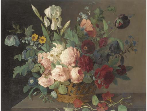 Roses, Narcissi, Irises, Tulips And Other Flowers In A Basket On A Stone Ledge — Arnoldus Bloemers