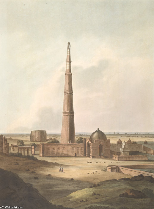 Kuttull Minor, Delhi. The Qutb Minar, An Aquatint — Thomas Daniell